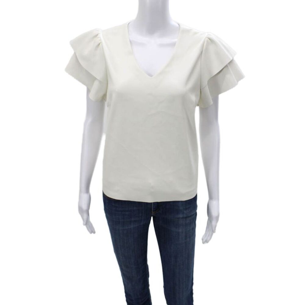 Dolce Cabo Women White V Neck Short Sleeve Basic Blouse Size L